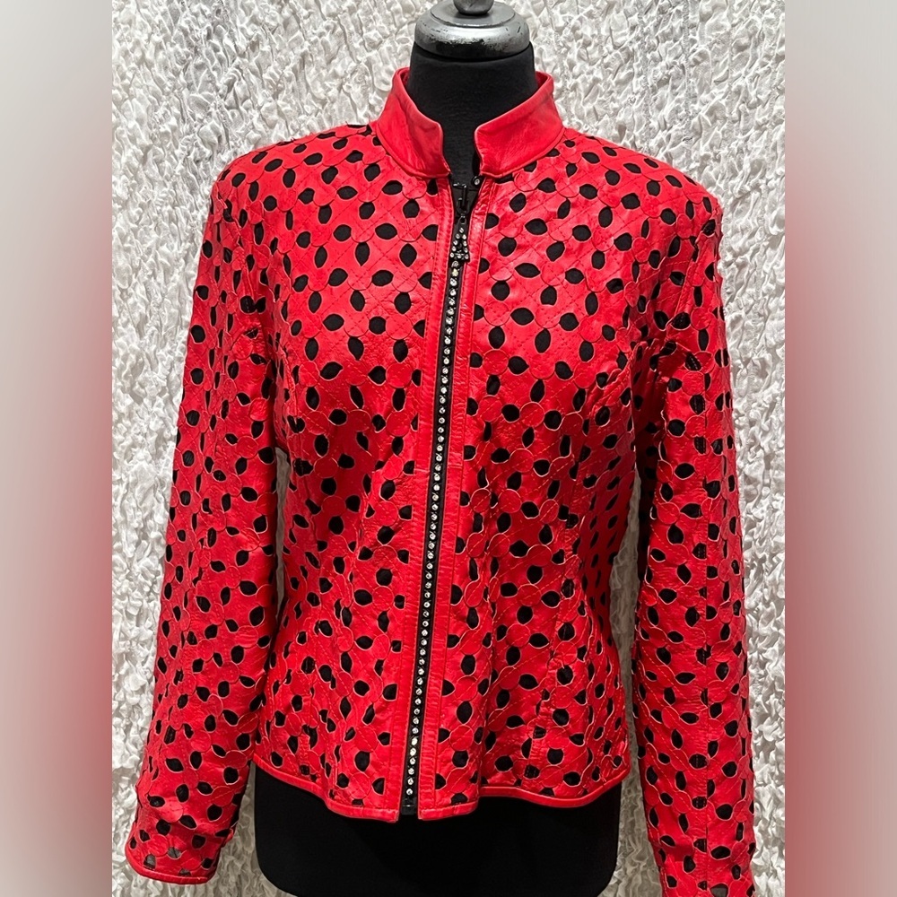 KANAR Vibrant Red QUILTED CUT OUT LEATHER Jacket with Black UNDER NETTING SIZE S